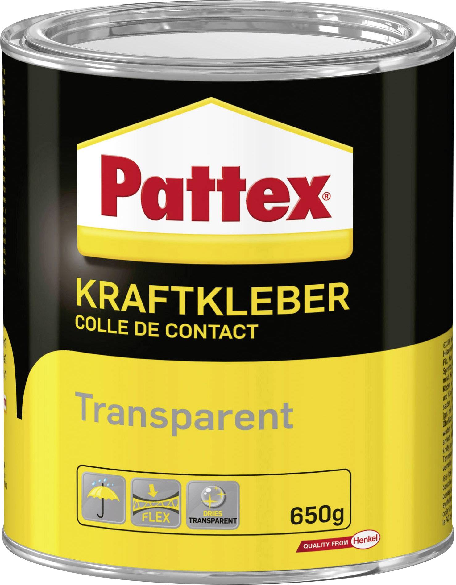 Scatola di 'Pattex Kraftkleber', adesivo a contatto, trasparente, 650g. Contiene simboli di flessibilità e trasparenza.