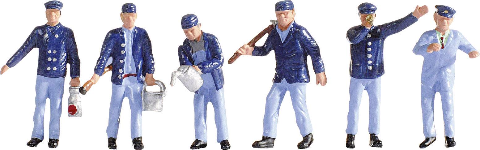 Sei statuette in miniatura con uniforme blu, ognuna con un diverso strumento: luce, tanica, annaffiatoio, martello, ricetrasmittente e tazza.