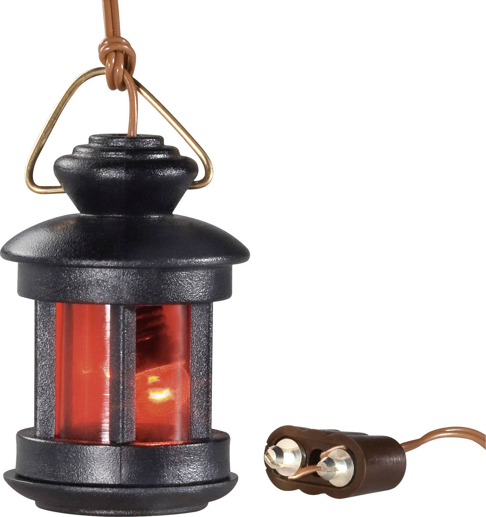 Lanterna in miniatura nera con luce LED rossa e cavo elettrico marrone, adatta per modellismo o case delle bambole.