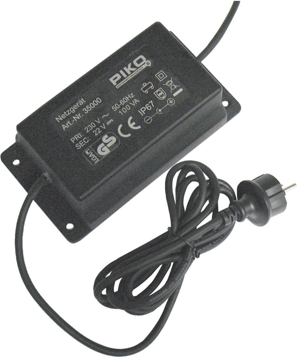 Alimentatore nero 'PIKO' con modello numero 35000, specifiche: Ingresso 230V, 50-60Hz; Uscita 22V, 1500mA. Include vari certificati di sicurezza.