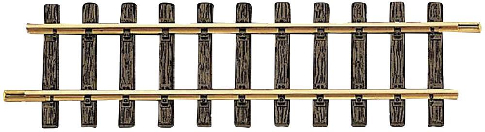 Un pezzo di binario ferroviario con traverse di legno marroni e rotaie dorate.