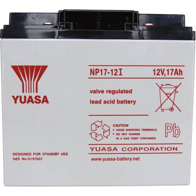 Batteria Yuasa al piombo-acido, modello NP17-12I, 12V, 17Ah. Contiene avvertenza: 'Non caricare in un contenitore a tenuta stagna'.