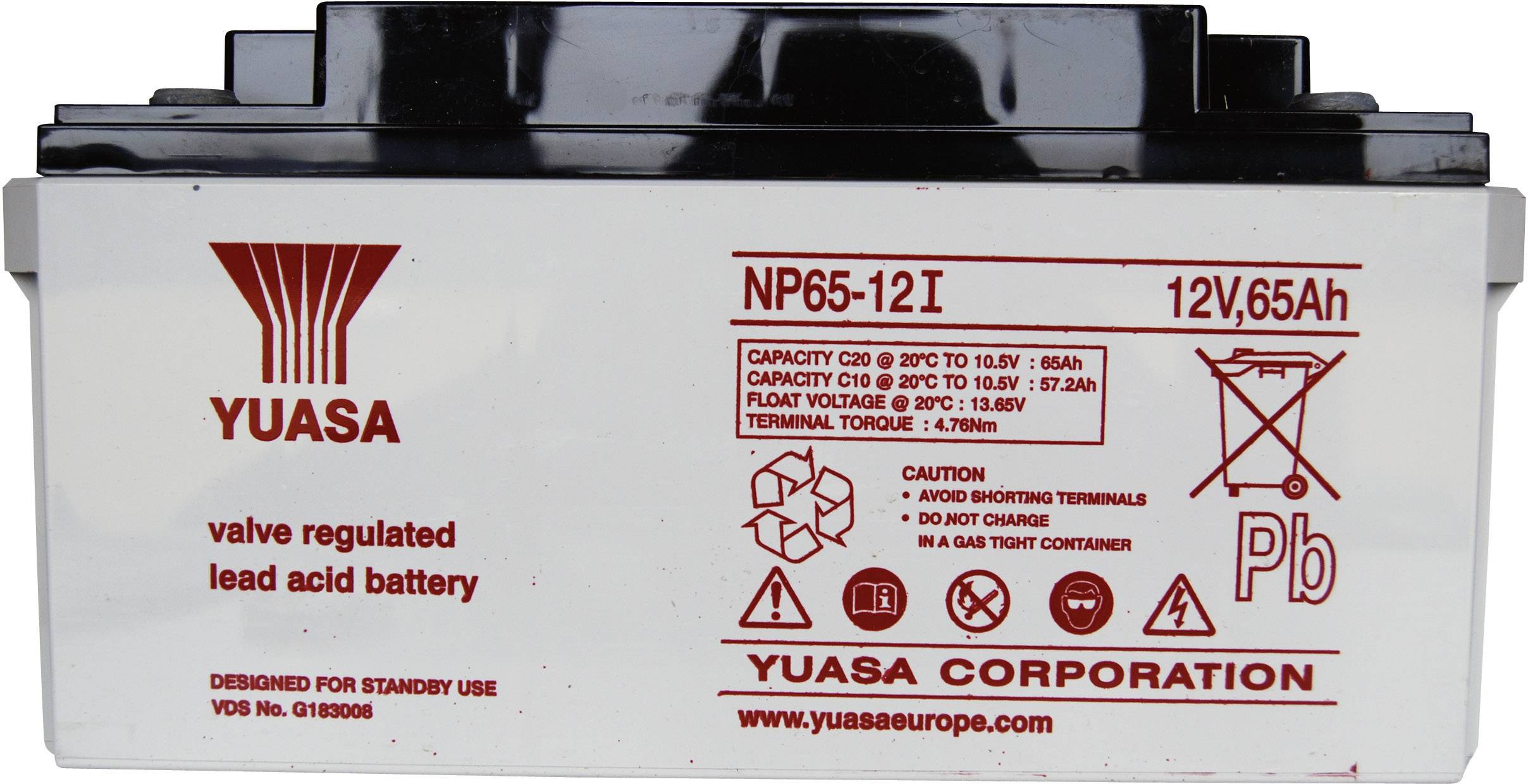 Batteria al piombo-acido Yuasa, modello NP65-12I, 12V, 65Ah. Iscrizione: 'Non cortocircuitare. Utilizzare in un contenitore a tenuta di gas.'