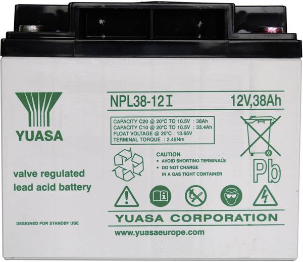 Yuasa NPL38-12 YUANPL38/12 Batteria al piombo 12 V 38 Ah Piombo-AGM (L x A x P) 197 x 170 x 165 mm Vite M5 Esente da manutenzione