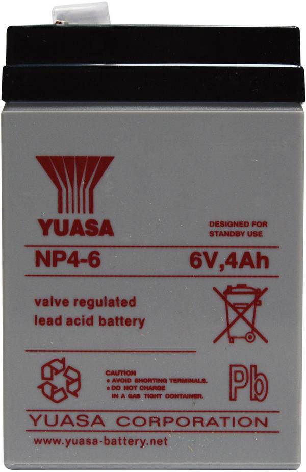 Yuasa NP4-6 NP4-6 Batteria al piombo 6 V 4 Ah Piombo-AGM (L x A x P) 70 x 106 x 47 mm Spina piatta 4,8 mm Esente da manutenzione