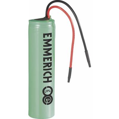 Una batteria verde con cavi nero e rosso, contrassegnata con 'EMMERICH' e simboli CE.