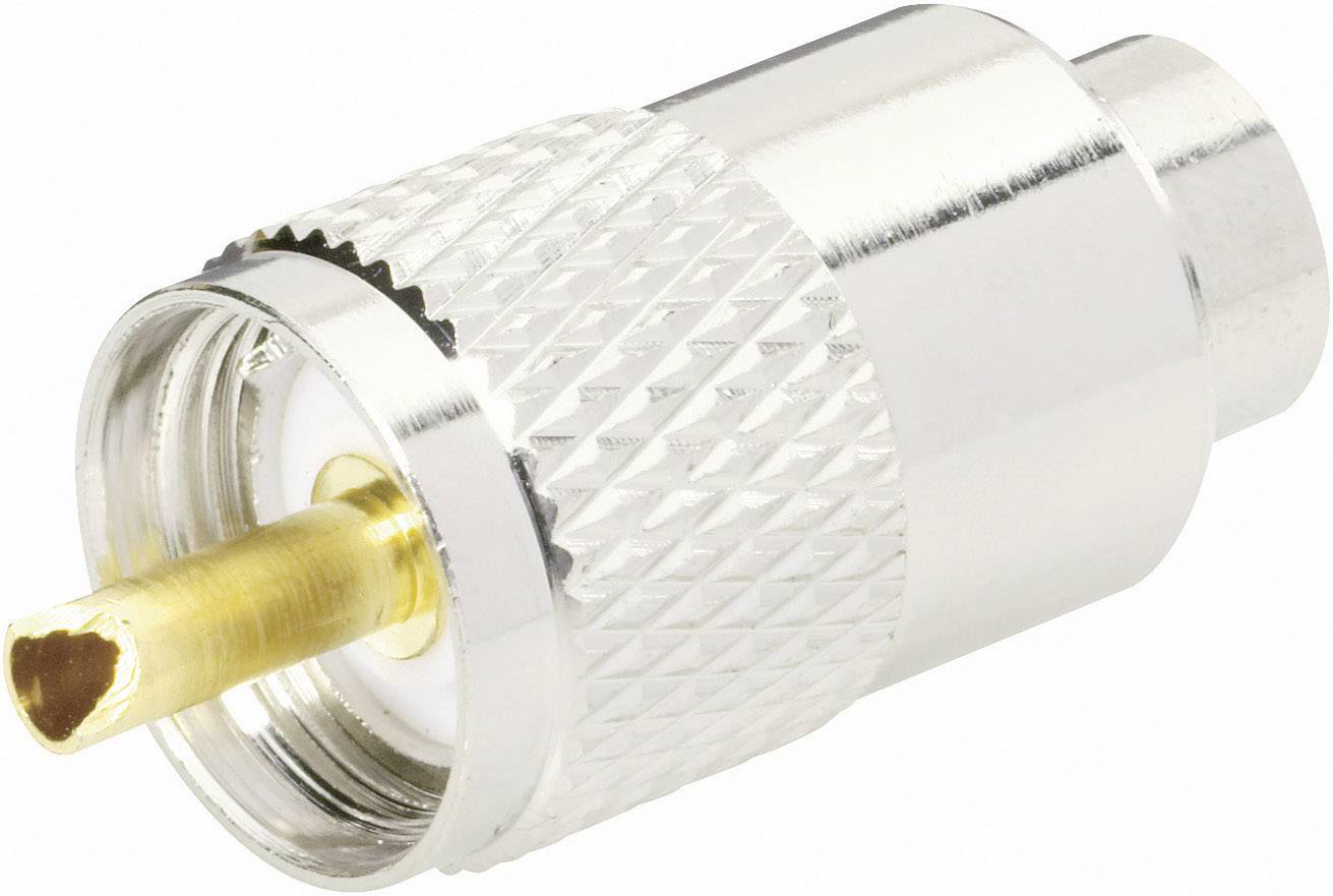 Un connettore coassiale argentato con un pin dorato e impugnatura zigrinata. Viene comunemente utilizzato per televisori e radio.