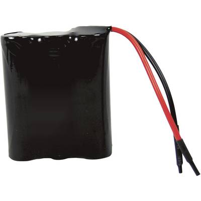 Una batteria nera a forma di cilindro con due cavi sporgenti, uno rosso e uno nero.