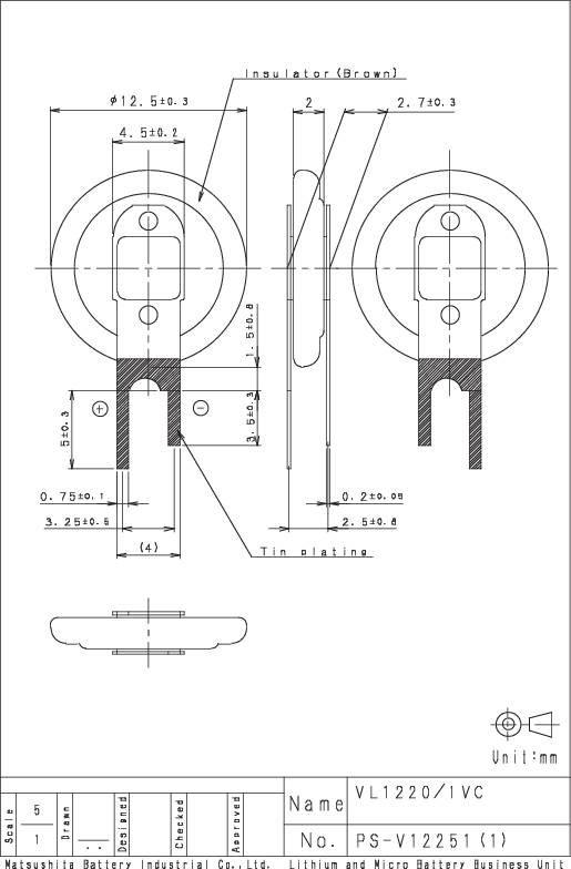 Disegno tecnico di un componente elettronico con dimensioni in millimetri. Mostra le viste frontale, laterale e dall'alto, incluse le specifiche dei materiali.
