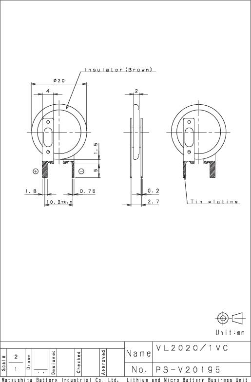 Disegno tecnico di una cella batteria con vista frontale, laterale e dettagliata. Dimensioni e note sull'isolante e rivestimento in stagno.