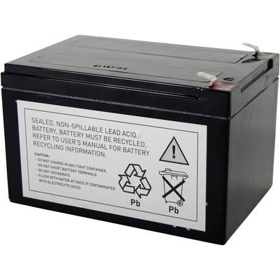Una batteria al piombo-acido sigillata, a tenuta stagna, con simboli di riciclaggio e avvertenze per lo smaltimento in sicurezza.
