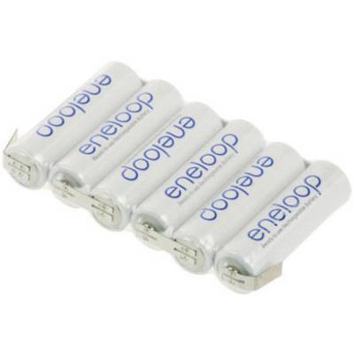 Cinque batterie ricaricabili AA bianche del marchio Eneloop, disposte una accanto all'altra, con il logo blu del brand.
