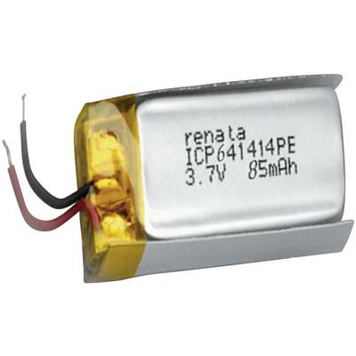 Un accumulatore agli ioni di litio-polimero argentato con protezione gialla, con stampigliatura: 'ICP641414PE, 3.7V, 85mAh', due cavi: rosso e nero.