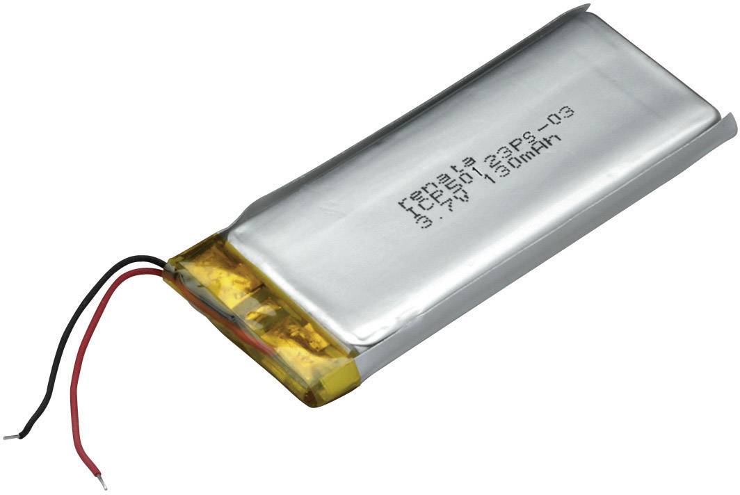 Una batteria rettangolare agli ioni di litio-polimeri con due fili, uno rosso e uno nero, per l'alimentazione di dispositivi elettronici.