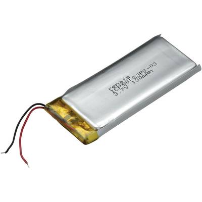 Una batteria rettangolare agli ioni di litio-polimeri con due fili, uno rosso e uno nero, per l'alimentazione di dispositivi elettronici.