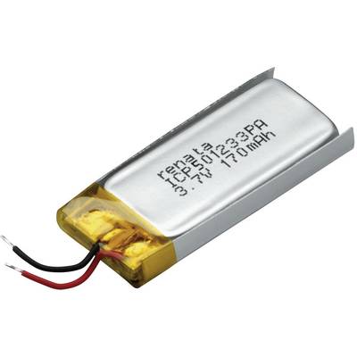 Batteria piatta agli ioni di litio-polimero con etichetta 'ICP501233PA 3.7V 170mAh', con due fili, polo positivo rosso e polo negativo nero.