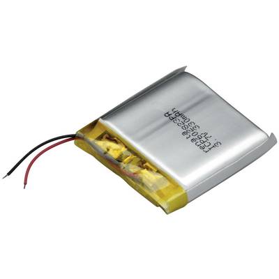 Una batteria al litio-polimero rettangolare con due fili sporgenti, adatta per dispositivi elettronici.