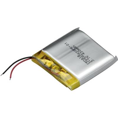Una batteria agli ioni di litio rettangolare con due fili sporgenti, cavo rosso e nero, e testo stampato sulla superficie.