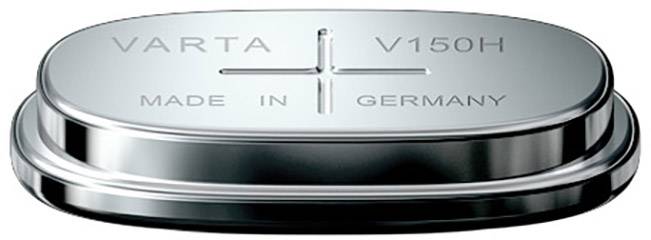 Bottone a celle d'argento con la scritta: 'VARTA V150H, MADE IN GERMANY', mostra il marchio e la provenienza.