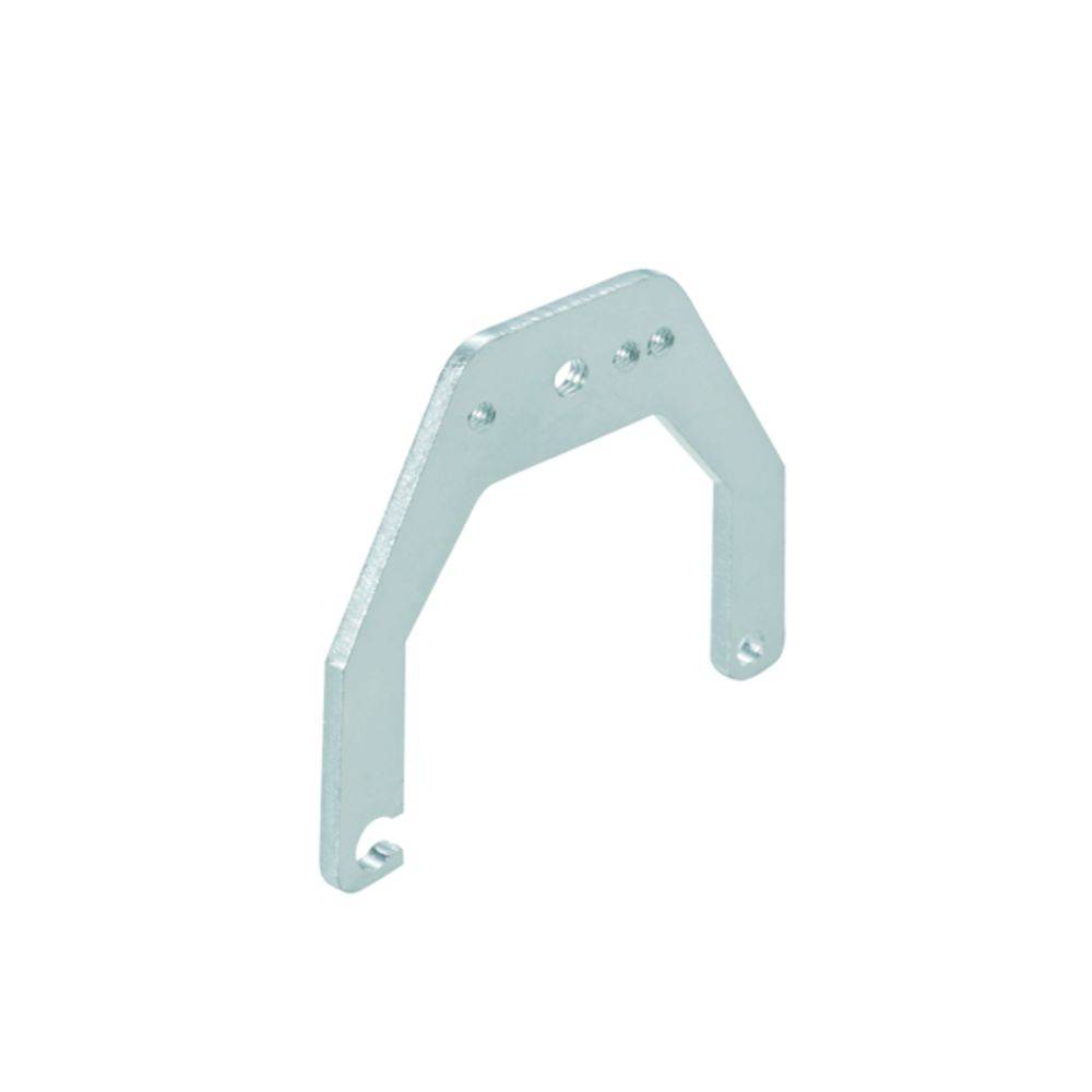 Supporto metallico con due ganci e tre fori per il montaggio a parete, adatto per scaffali leggeri o dispositivi.