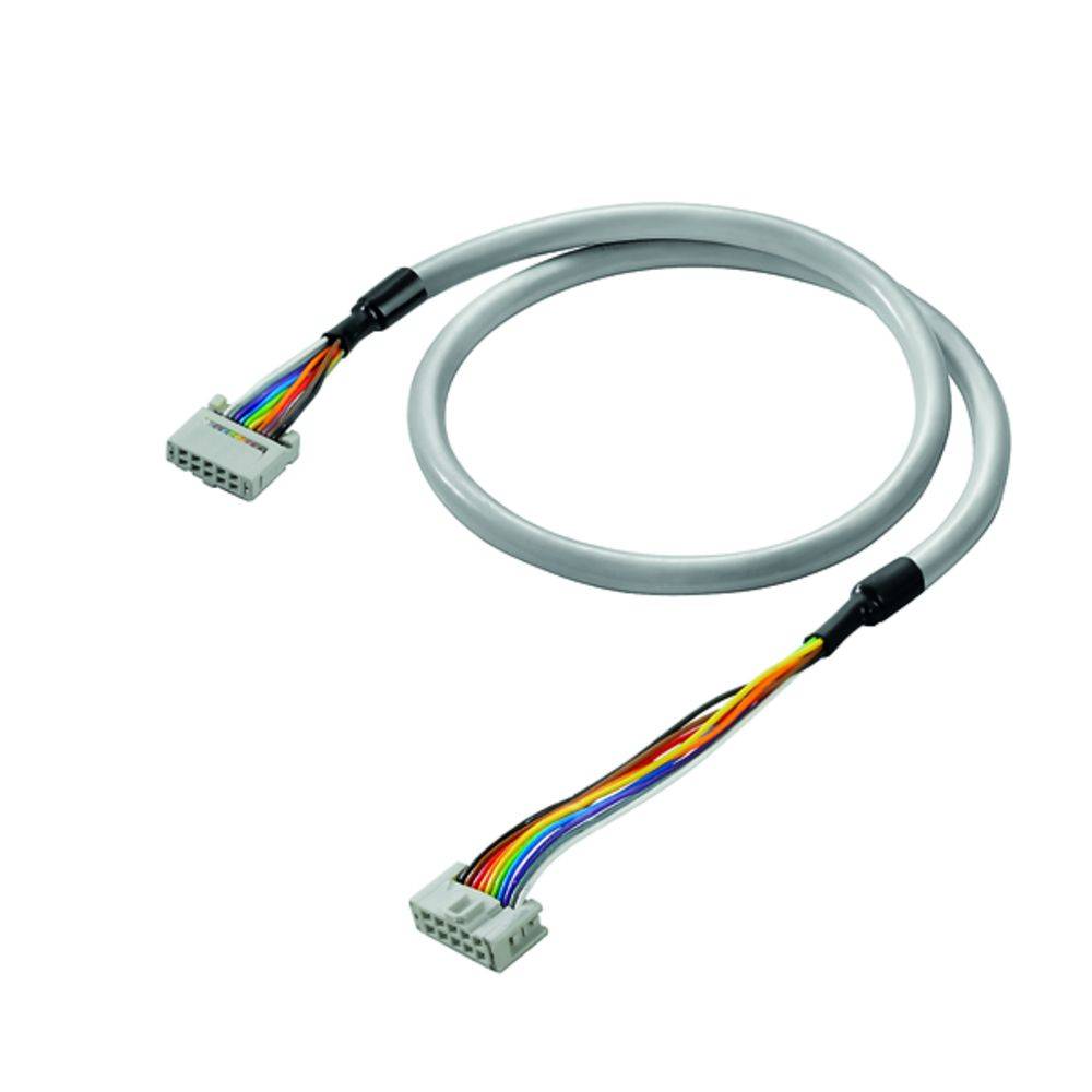 Cavo grigio con terminali dei fili multicolori e connettori bianchi su entrambi i lati, adatto per connessioni elettroniche.