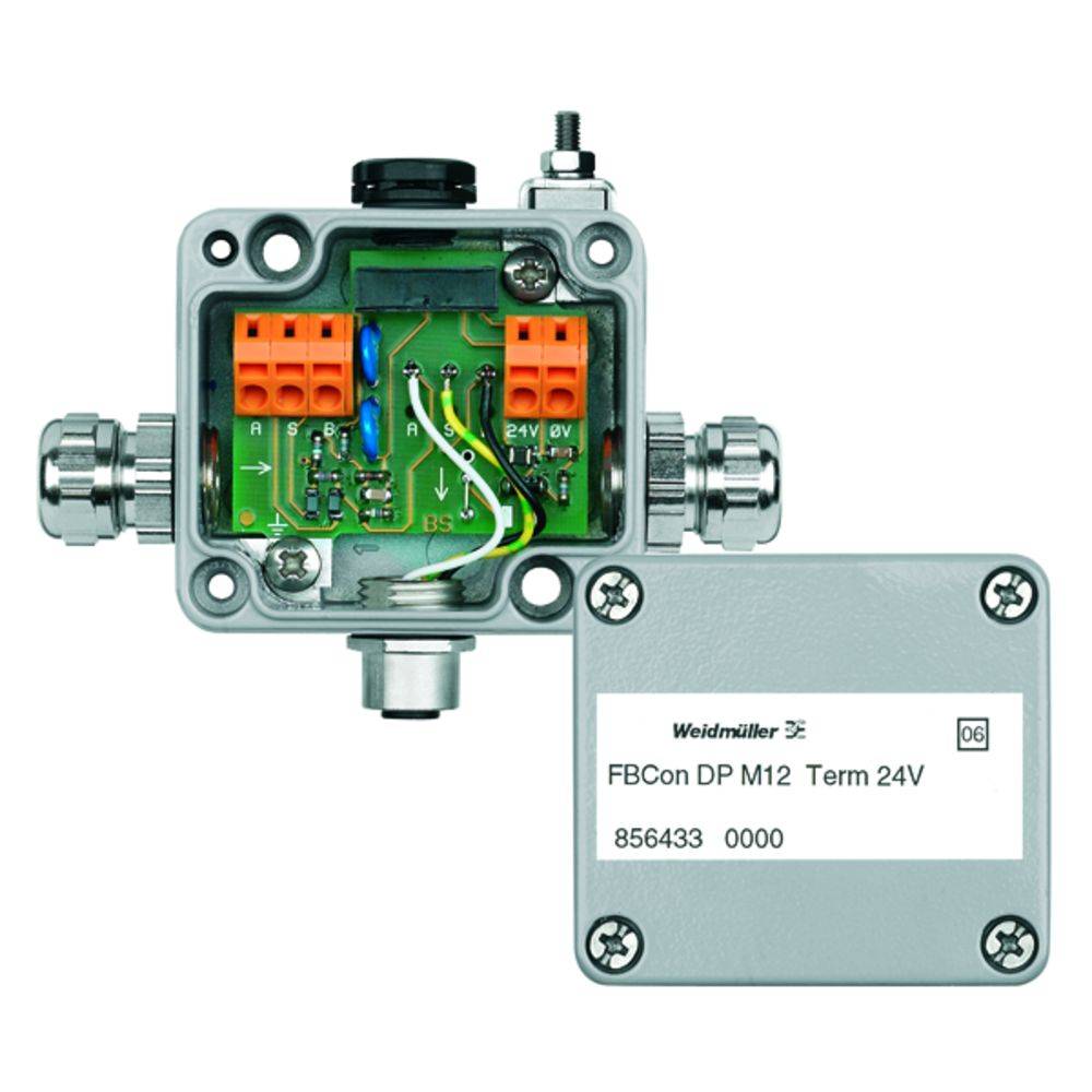 Morsettiera Weidmüller con coperchio aperto, mostra il cablaggio interno e i connettori, contrassegnata con "FBCon DP M12 Term 24V".