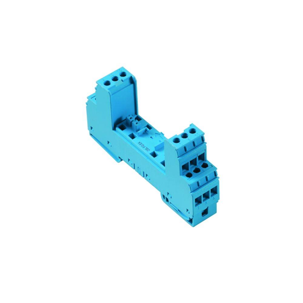 Adattatore blu per connettore elettrico rettangolare, con molteplici possibilità di connessione, idoneo per il montaggio su guida DIN.
