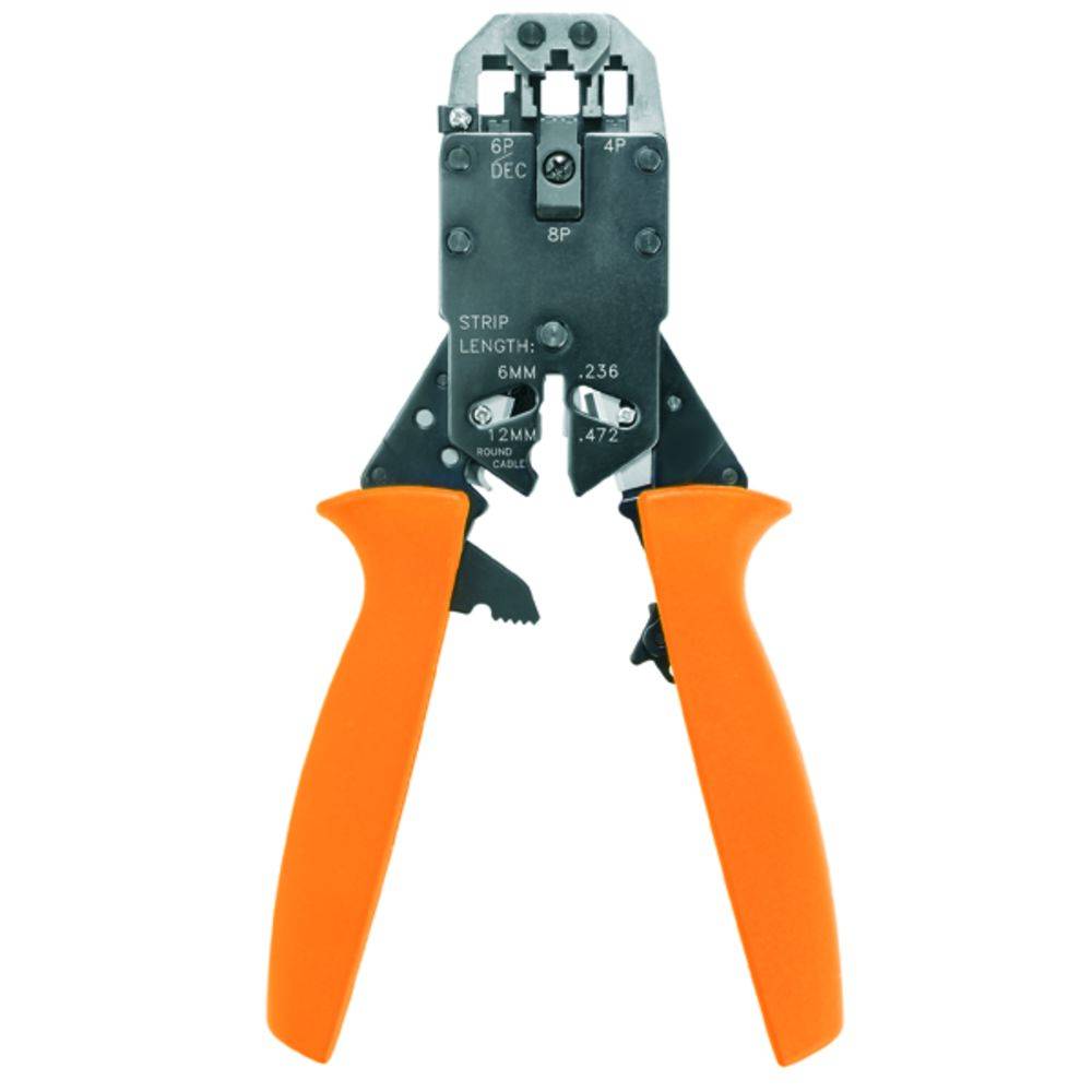 Pinze con impugnature arancioni per spelare e tagliare cavi. Sono visibili marcature per diverse lunghezze di taglio.