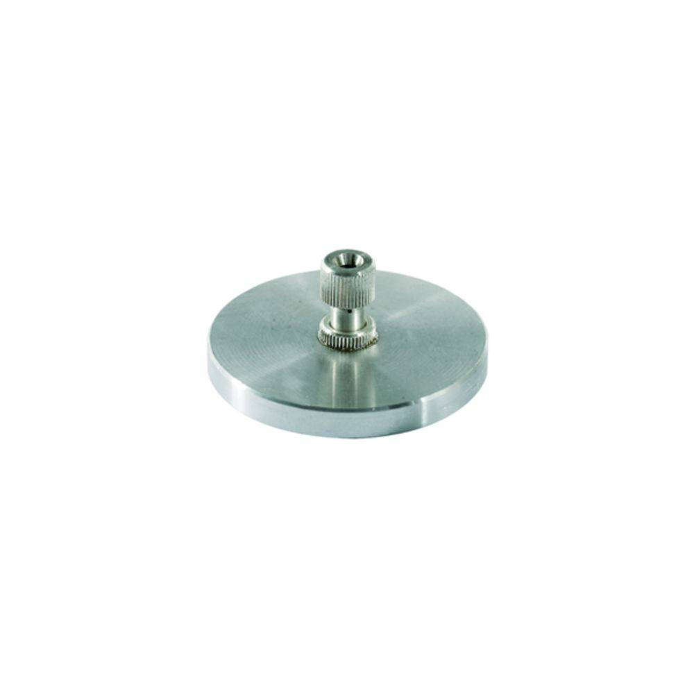Supporto metallico argentato con base rotonda e piccola elevazione cilindrica al centro, probabilmente per accessori tecnici.