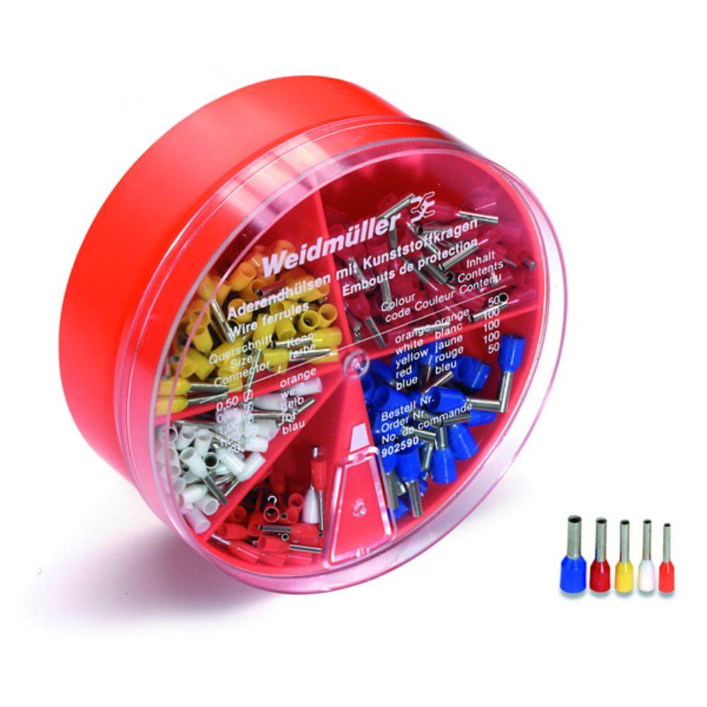 Scatola rotonda Weidmüller con capicorda in diversi colori e dimensioni; 1050 pezzi in totale.