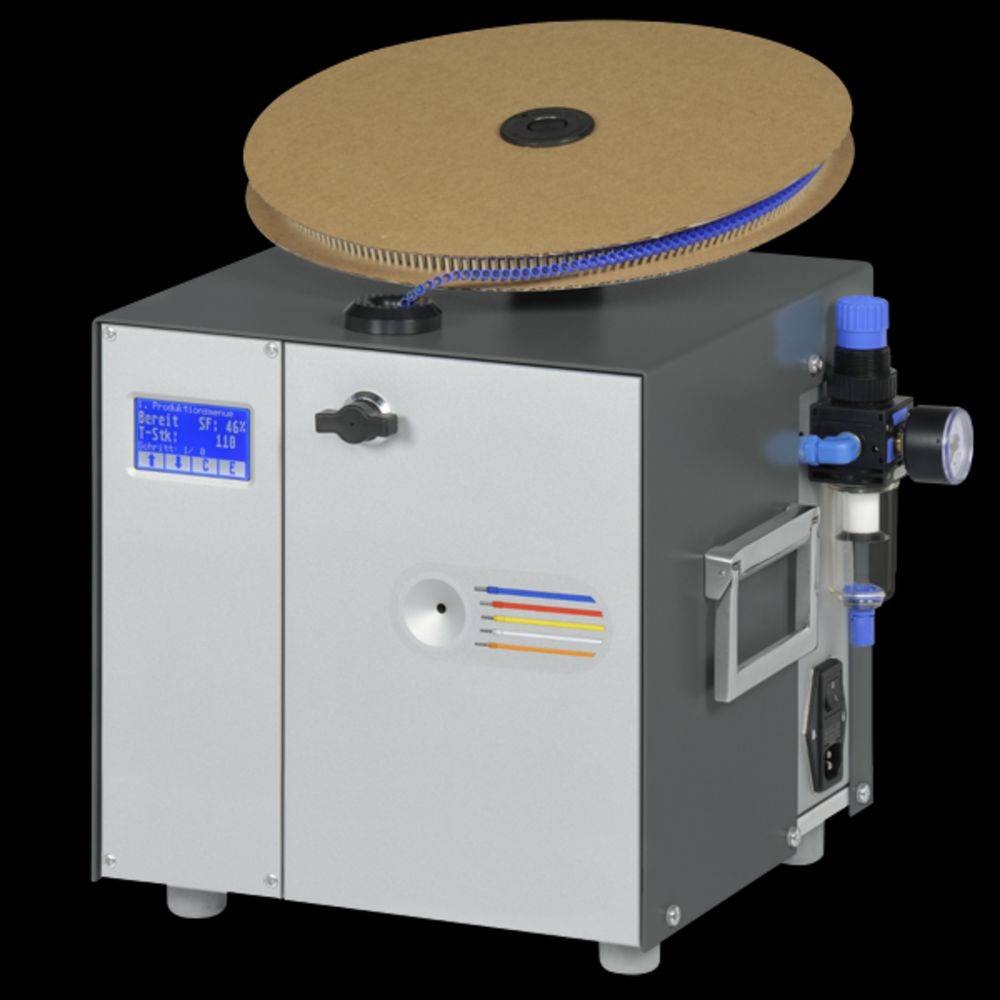 Macchina per la lavorazione dei cavi con una bobina in alto, un pannello di controllo a sinistra con display digitale e connessioni a destra.