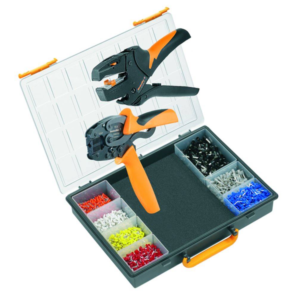 Pinze e set di connettori in una valigetta. Contiene diversi connettori in plastica colorati in scomparti separati.