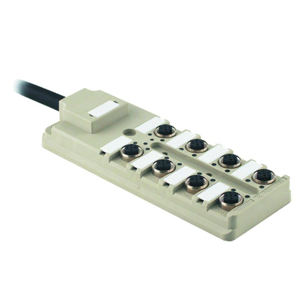 Un modulo di connessione elettronico grigio con otto connettori rotondi e un cavo fissato sul lato.