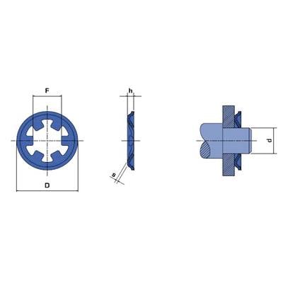 Disegno tecnico di un elemento di fissaggio blu con vista laterale, vista frontale e sezione trasversale. Dimensioni: D, F, h, s, d.