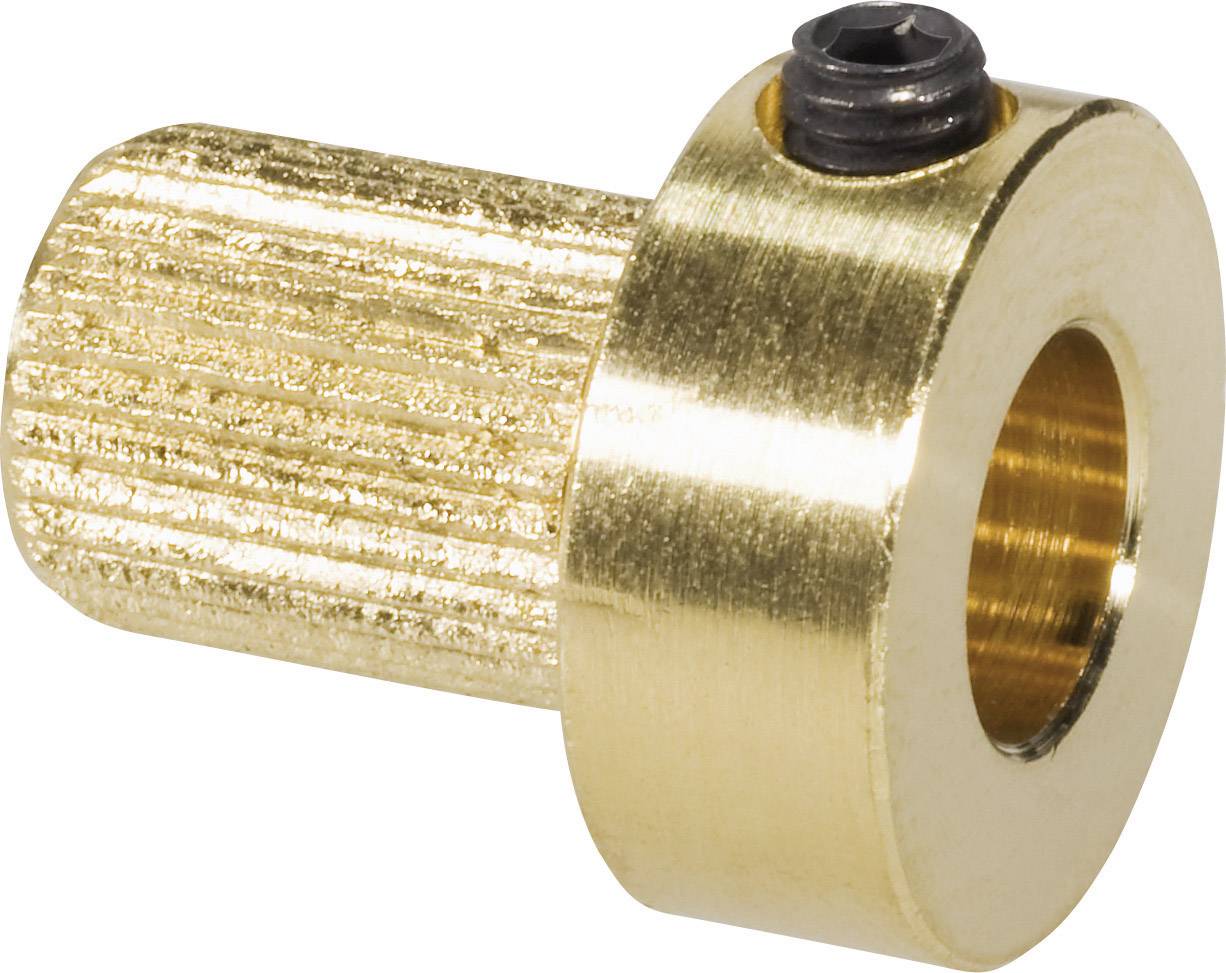 Un adattatore dorato in metallo con impugnatura zigrinata e una vite che incornicia un'apertura. Viene comunemente utilizzato per connessioni meccaniche.