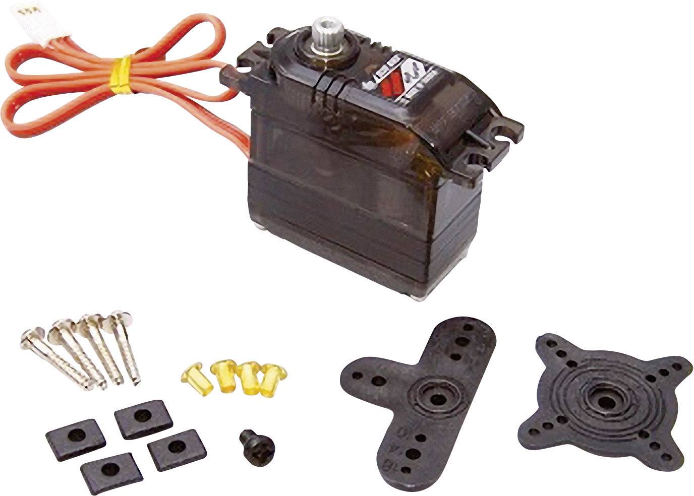 Un servomotore con cavi, viti, parti di fissaggio e due cornette servo. Ideale per modellismo e progetti robotici.