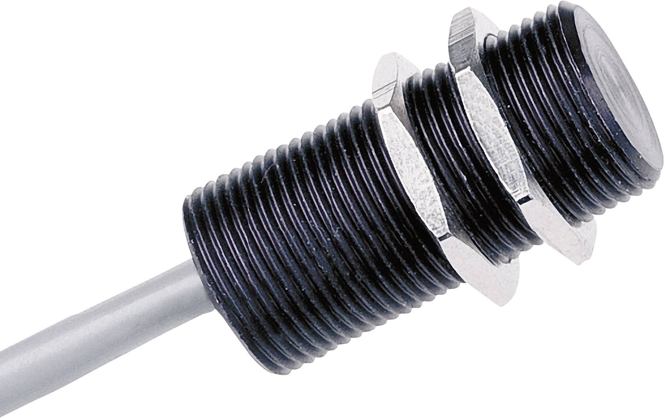 Un sensore induttivo cilindrico con filettatura, connessione a cavo e due dadi di fissaggio.