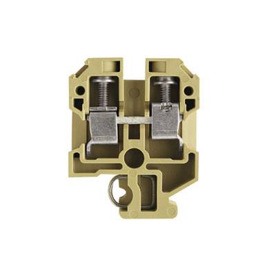 Barra di morsetti elettrica in beige con due connessioni metalliche a vite nella parte superiore, idonea per il fissaggio dei cavi in sistemi elettrici.