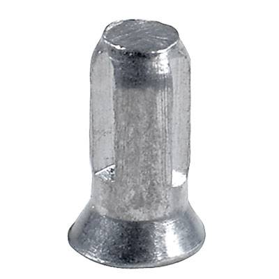 Un capezzolo argentato, cilindrico e metallico utilizzato nella manutenzione delle biciclette per fissare i raggi al telaio della bicicletta.