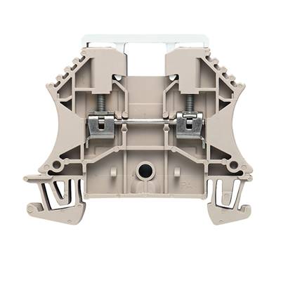 Morsetto compatto beige per connessioni in serie, con viti metalliche e involucro in plastica, adatto per applicazioni industriali o elettriche.