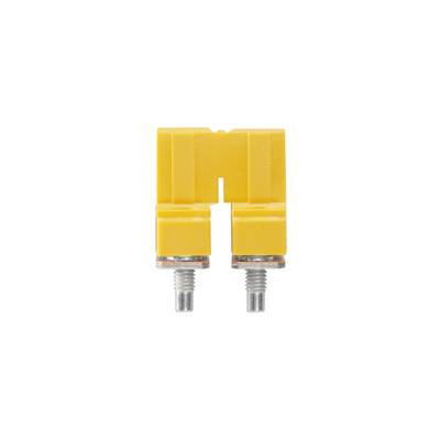 Un connettore elettrico giallo a forma di U con due morsetti a vite, utilizzato per collegare linee elettriche.