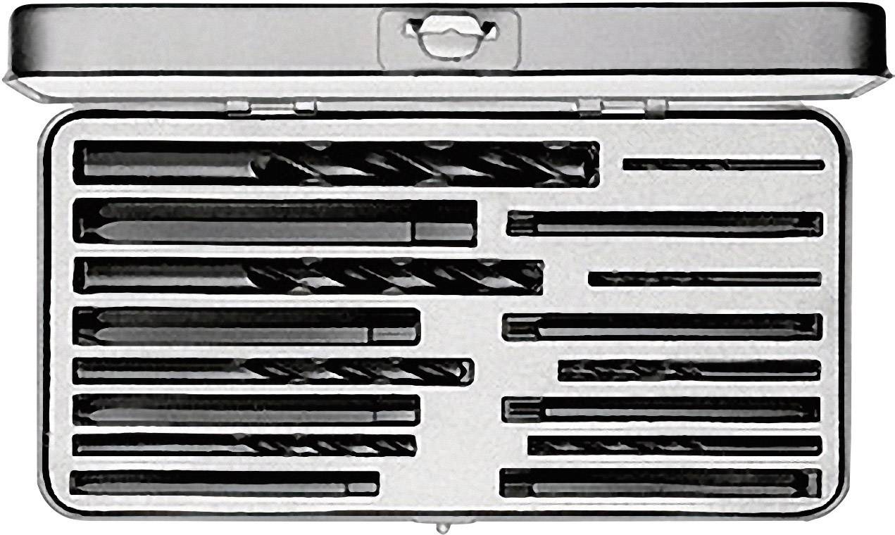 Set di punte metalliche in un astuccio metallico aperto, punte di diversi diametri in supporti preformati.