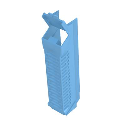 Vista posteriore di un inserto in plastica blu con fessure di aerazione, probabilmente parte di un dispositivo o una macchina per la ventilazione.