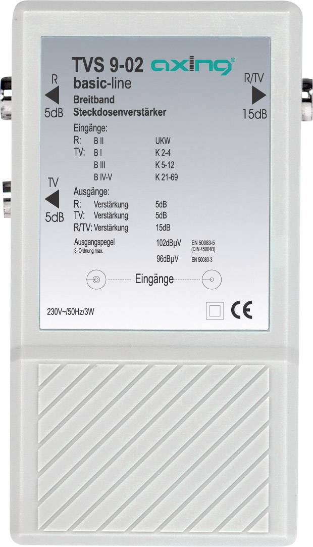 Amplificatore per prese TV a banda larga con ingressi e uscite per TV e radio. Amplificazione: 15 dB. Marca: Axing. Modello: TVS 9-02. Tensione: 230V.