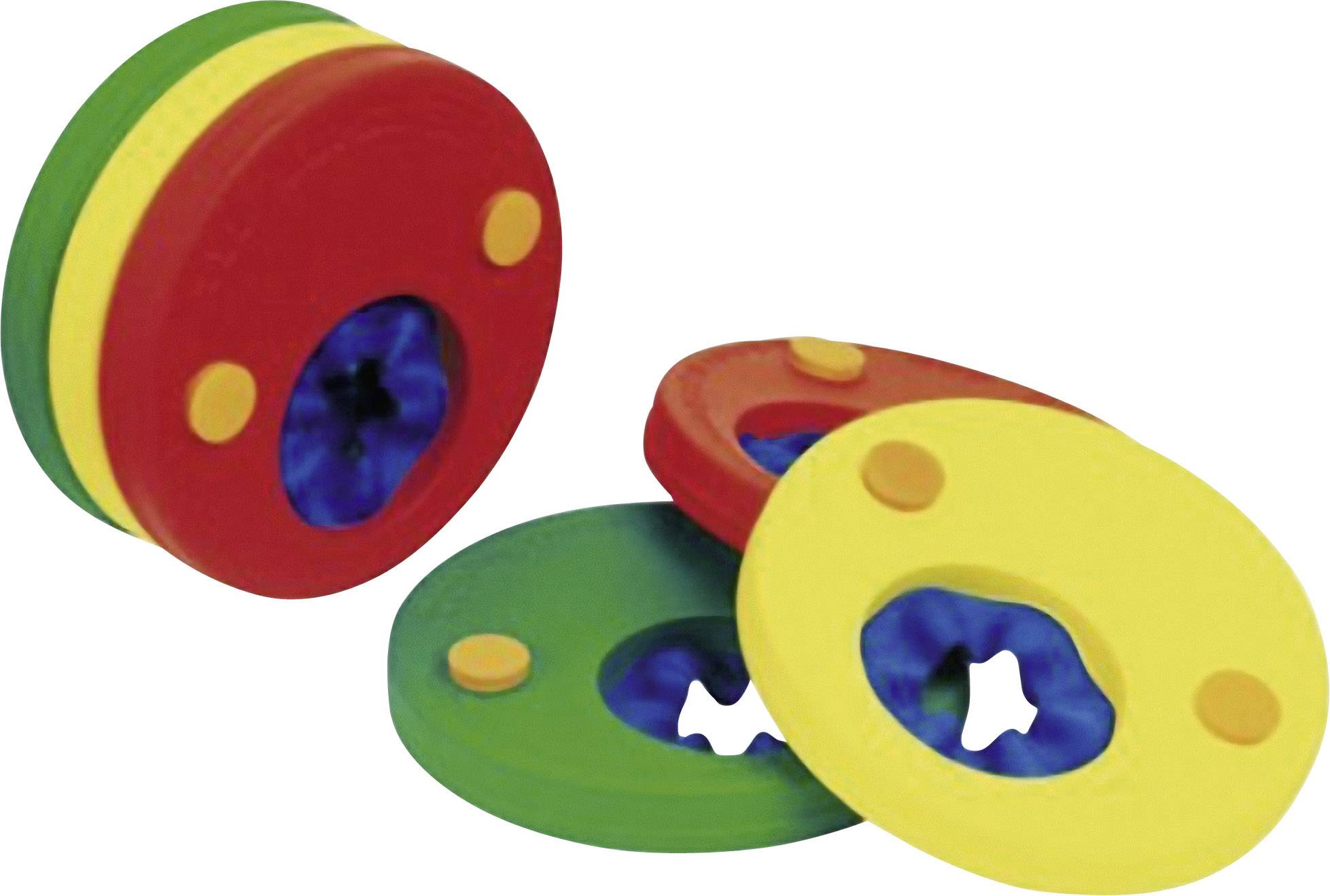 Dischi colorati da nuoto in rosso, verde e giallo. Spesso utilizzati durante le lezioni di nuoto per aumentare la galleggiabilità.