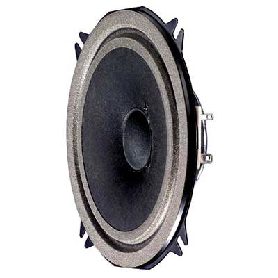 Altoparlante ovale con cono nero e bordo argentato, sostenuto da diversi elementi di fissaggio. Adatto per la riproduzione audio.