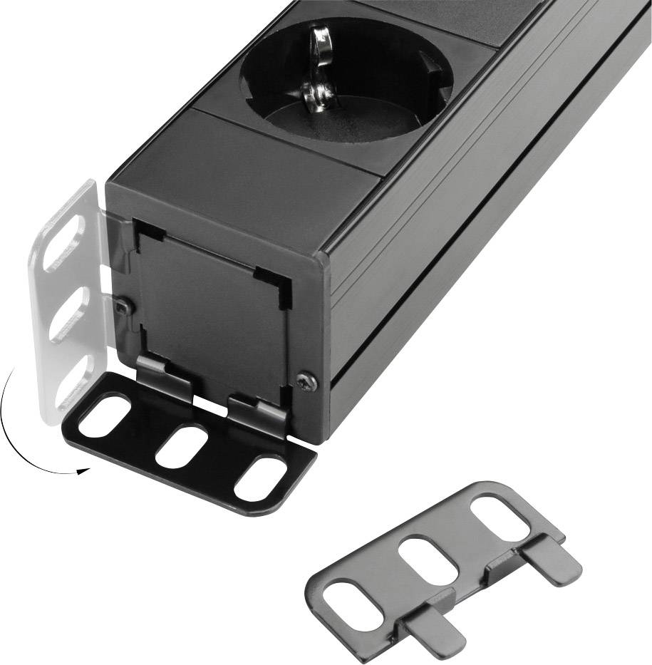 Un modulo presa elettrica nero con copertura integrata è parzialmente aperto, mostrando una singola presa e le piastre terminali montate.
