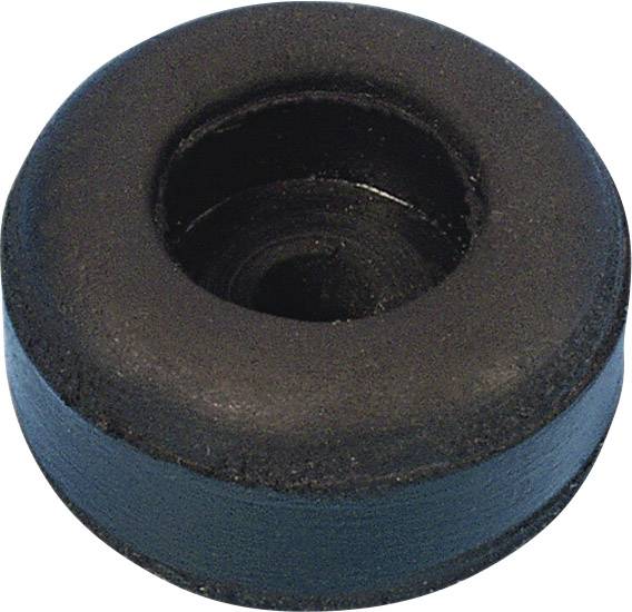 Un tampone di gomma nero, rotondo, con un foro centrale, spesso utilizzato per smorzare le vibrazioni o come distanziale.