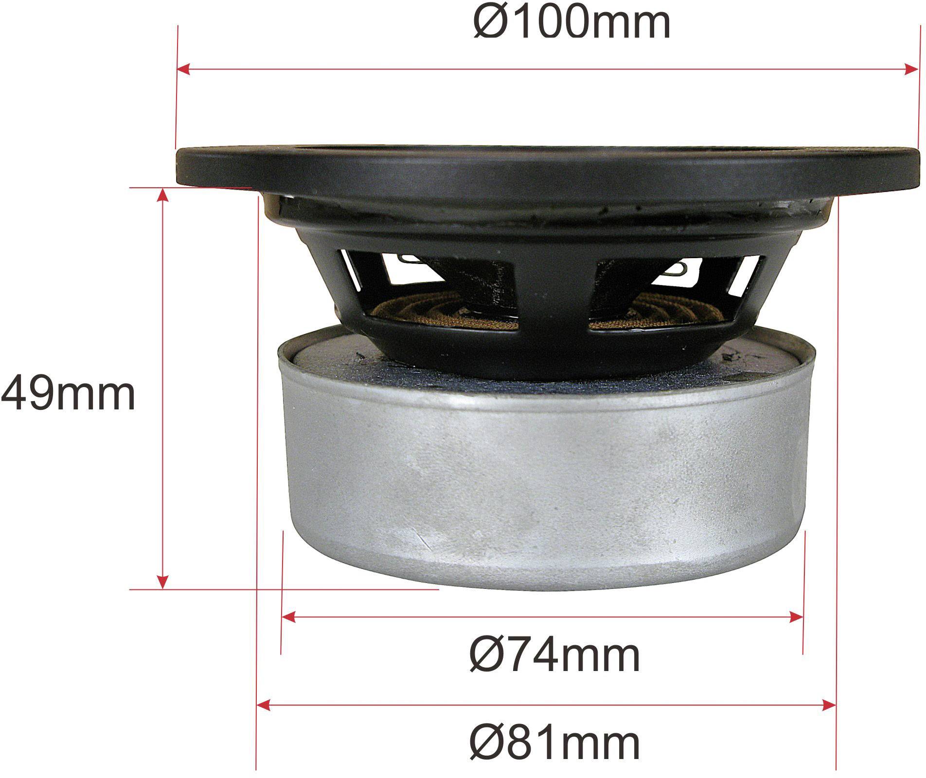 Mappatura del driver degli altoparlanti: altezza 49 mm, diametro superiore 100 mm, inferiore 81 mm, cerchio interno 74 mm.