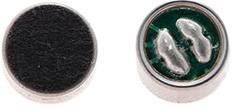 Due piccole capsule microfoniche: a sinistra una con copertura in feltro nero, a destra una aperta con componenti elettronici visibili.